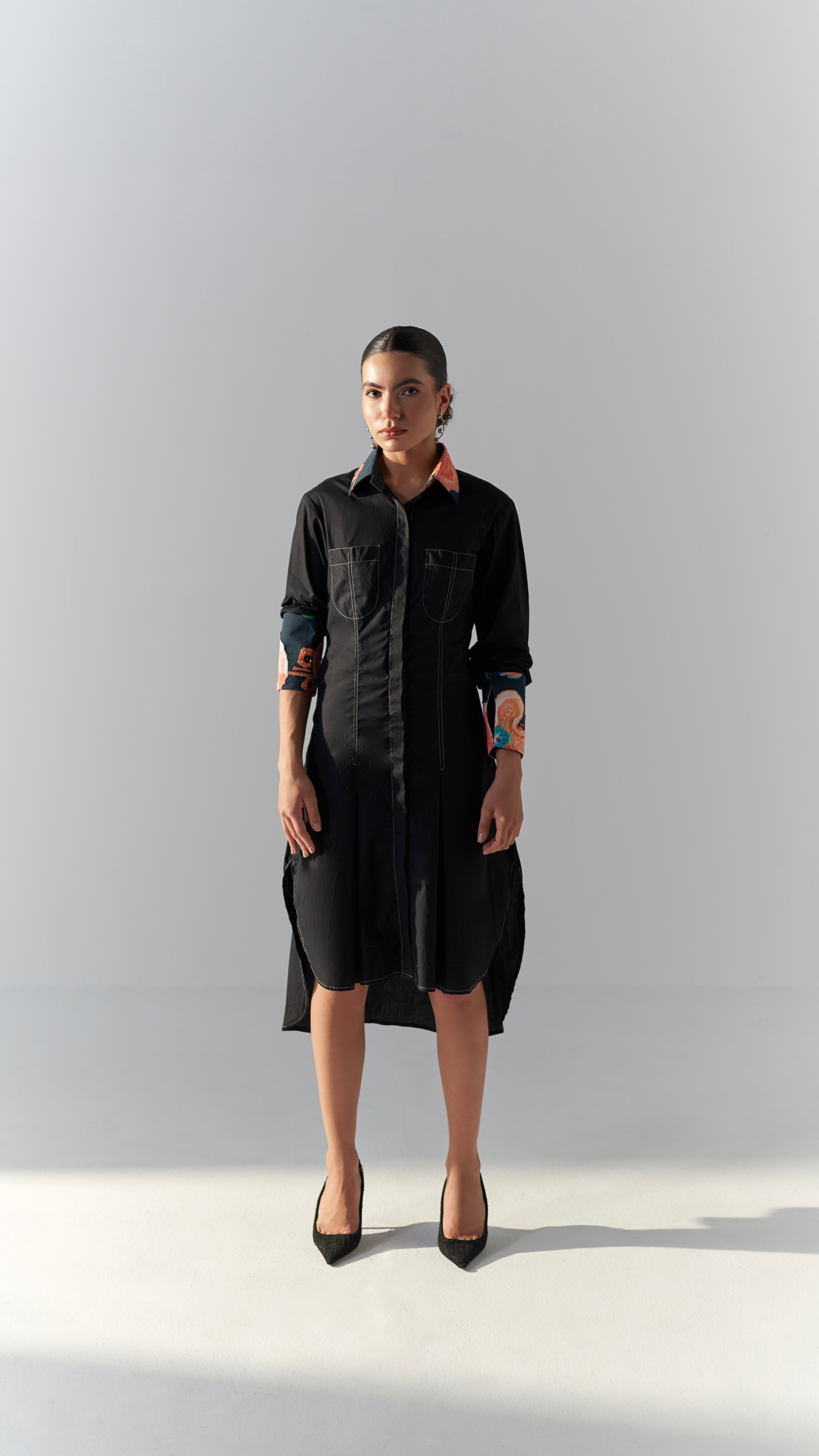 Aurora Collar Shirt Dress-Noir