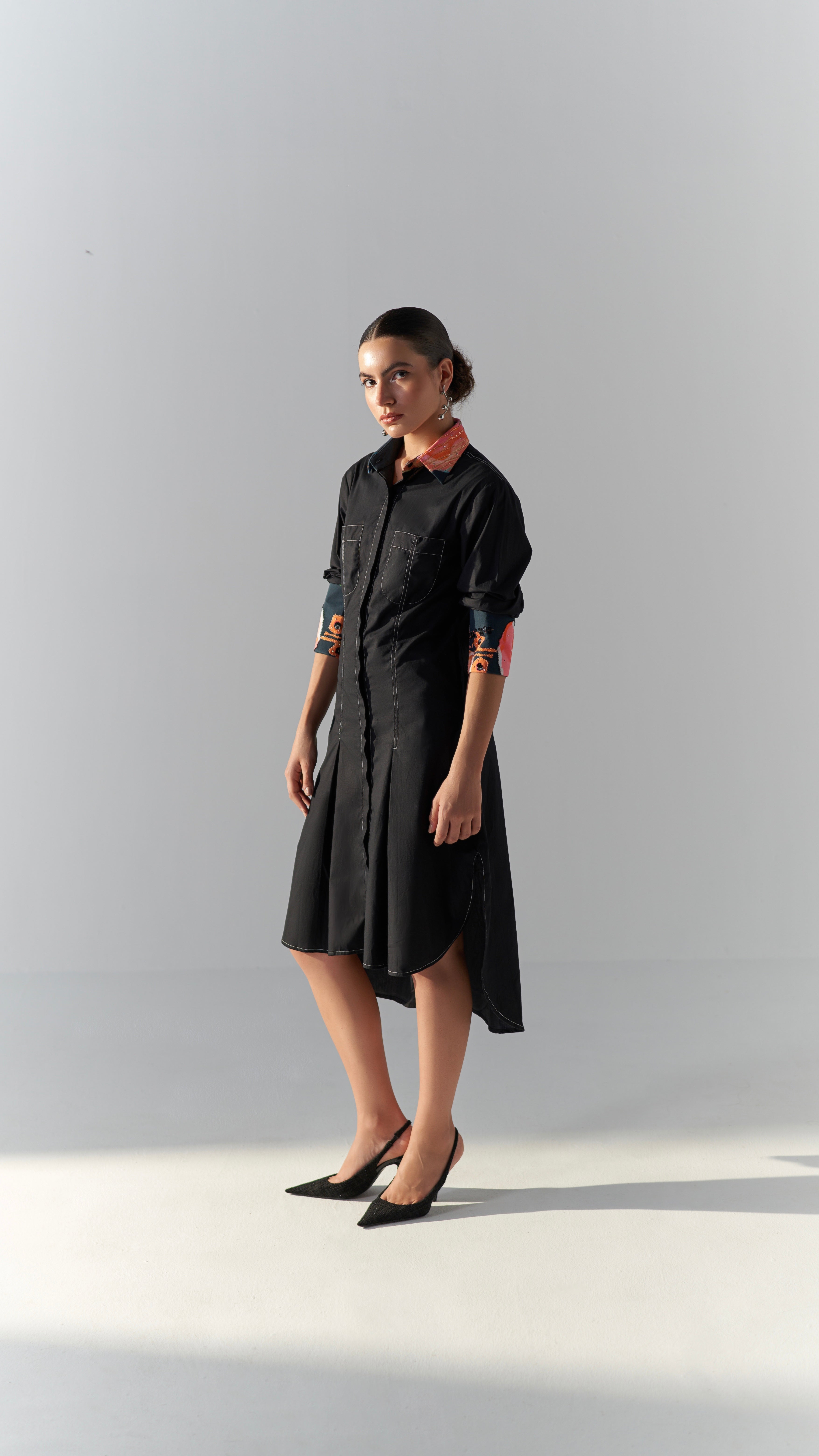 Aurora Collar Shirt Dress-Noir
