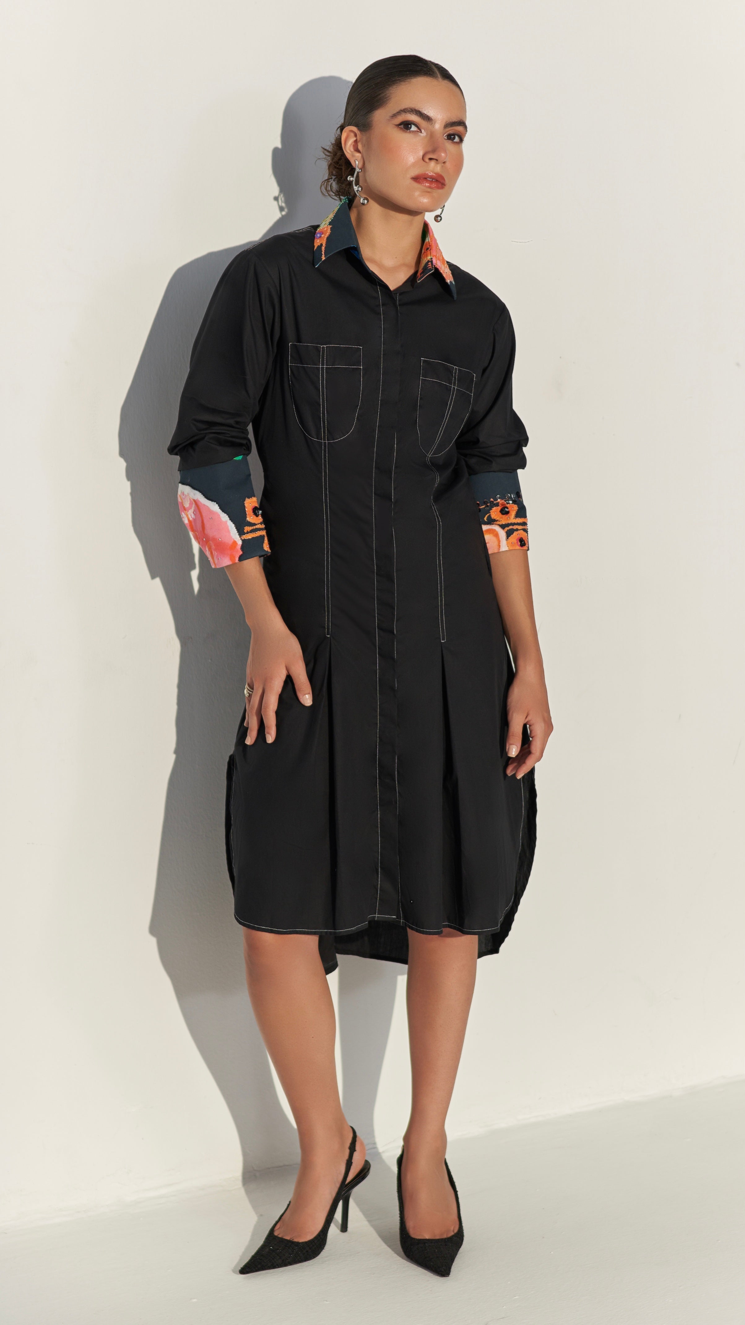 Aurora Collar Shirt Dress-Noir